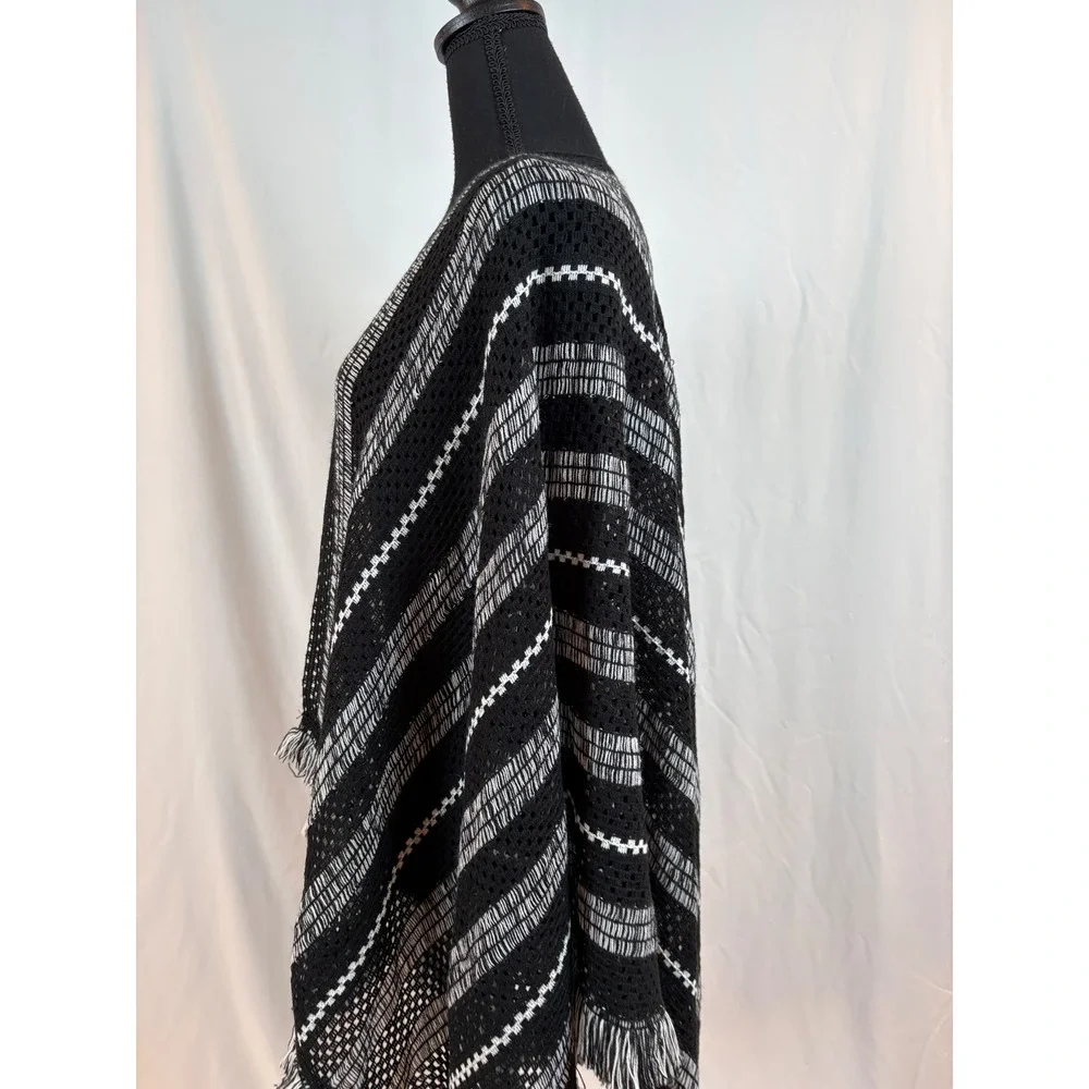 Black White Striped Open Front Knit Poncho Wrap Fringe Trim One Size Boho Cape